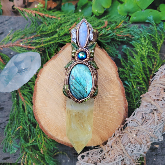 Magickal Crystal Wand ~ Lemon Quartz, Labradorite, Rainbow Moonstone, Rose Aura Quartz