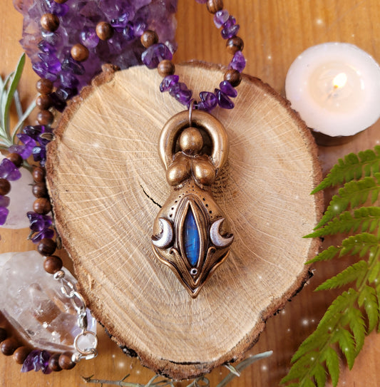 Triple Moon Beaded Goddess Talisman ~ Rainbow Moonstone, Purple Amethyst, Smokey Quartz & Sandalwood