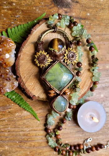 Sacred Sunflower Crystal Beaded Talisman ~ Prehnite, Jade, Tigers Eye, Unakite & Sandalwood