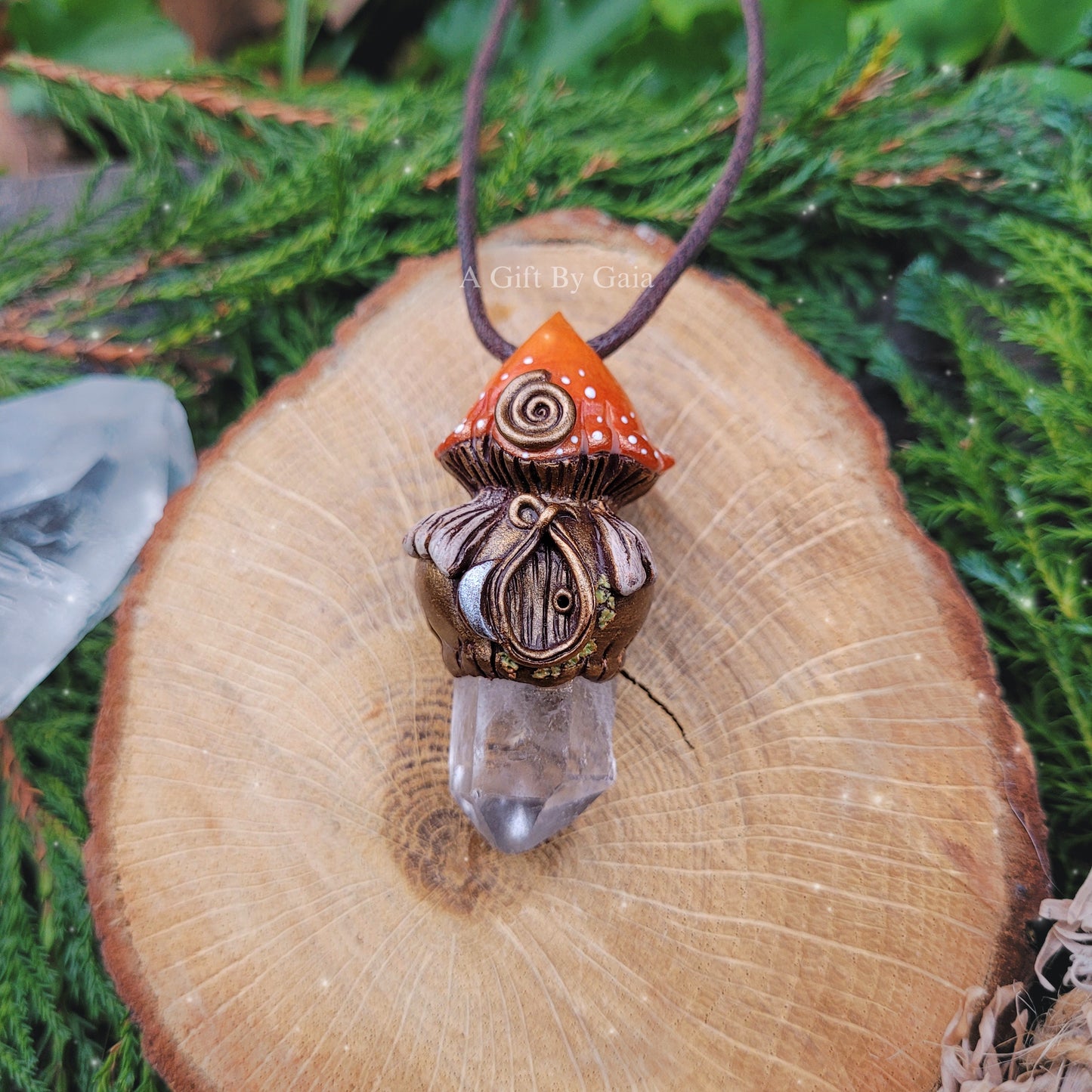 Firey Spiral Faery House Mushroom with Clear Quartz