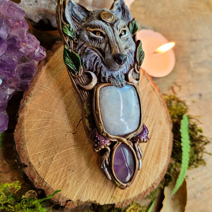 Lunar Wolf Talisman ~ Rainbow Moonstone & Purple Amethyst