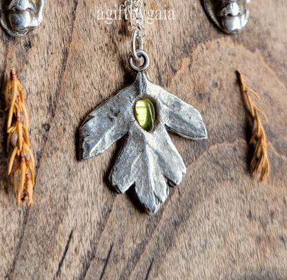 Made to Order ~ Hawthorn Leaf Peridot Talisman, Fine 999 Recycled Silver