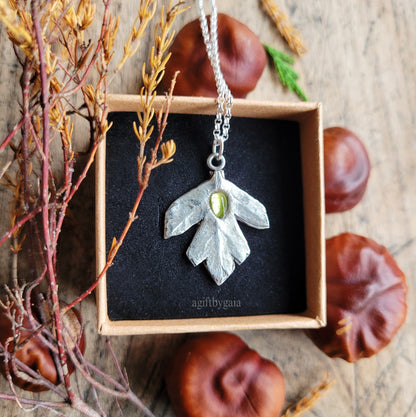 Made to Order ~ Hawthorn Leaf Peridot Talisman, Fine 999 Recycled Silver