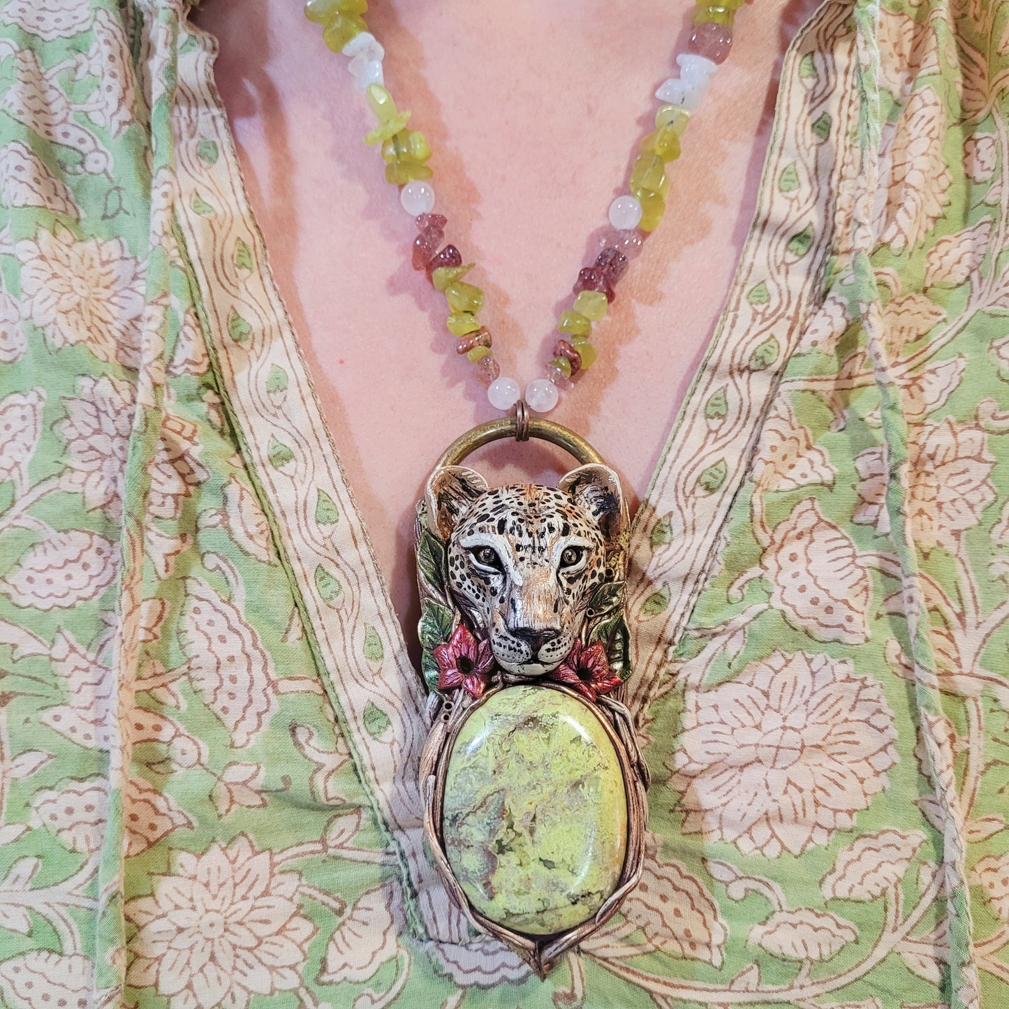 Inner Strength Leopard, Desert Rose Crystal Beaded Talisman ~ Green Opal, Strawberry Quartz, Rose Quartz, Korean Jade, Unakite & Rainbow Moonstone