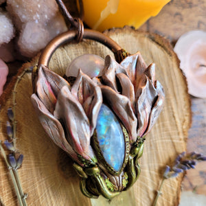 Sacred Magnolia Talisman ~ Lemon Quartz, Rainbow Moonstone & Aura Rose Quartz