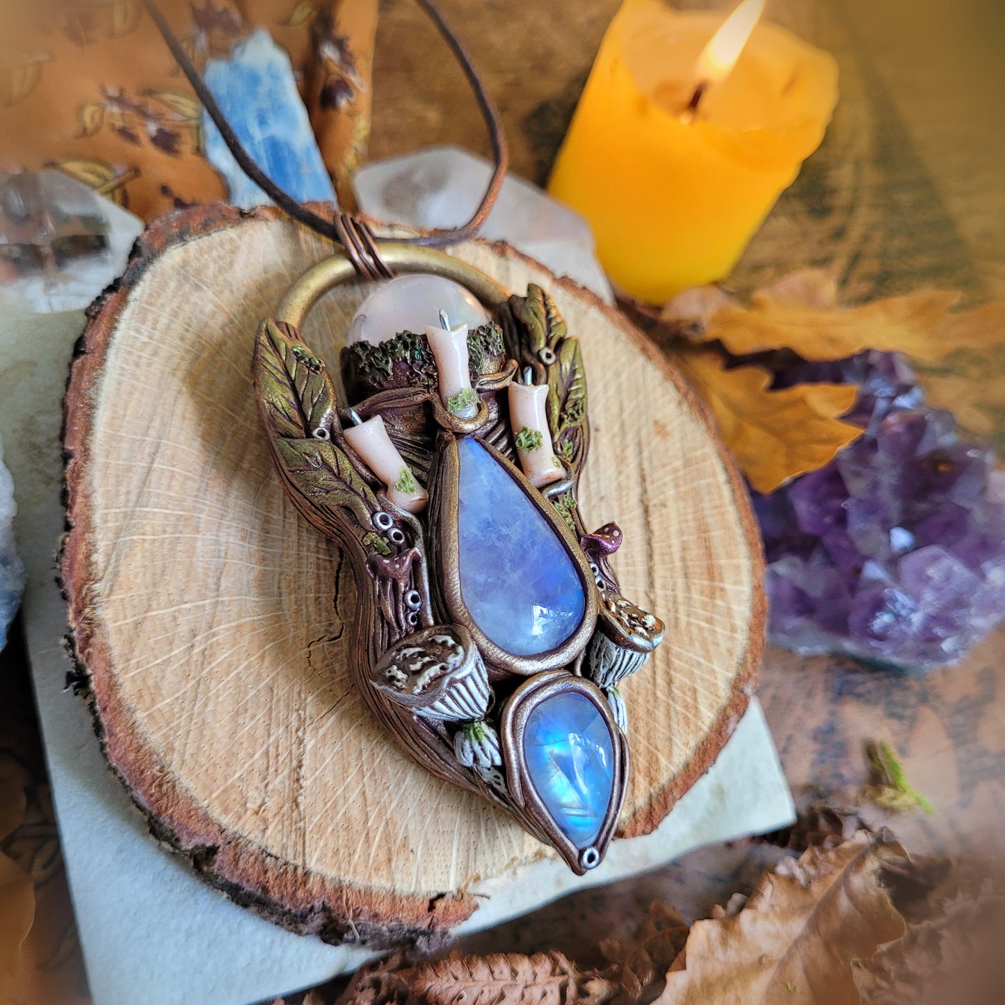 Candle Magick Fungi Talisman ~ Aura Rose Quartz & Rainbow Moonstone