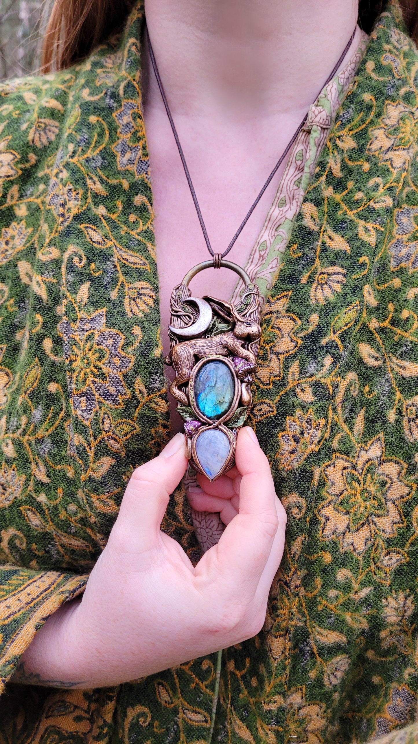 Lunar Hare Fungi Talisman ~ Rainbow Moonstone & Labradorite