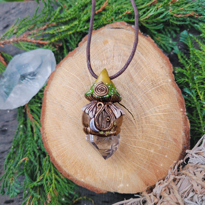 Earthy Spiral Faery House Mushroom with Clear Quartz