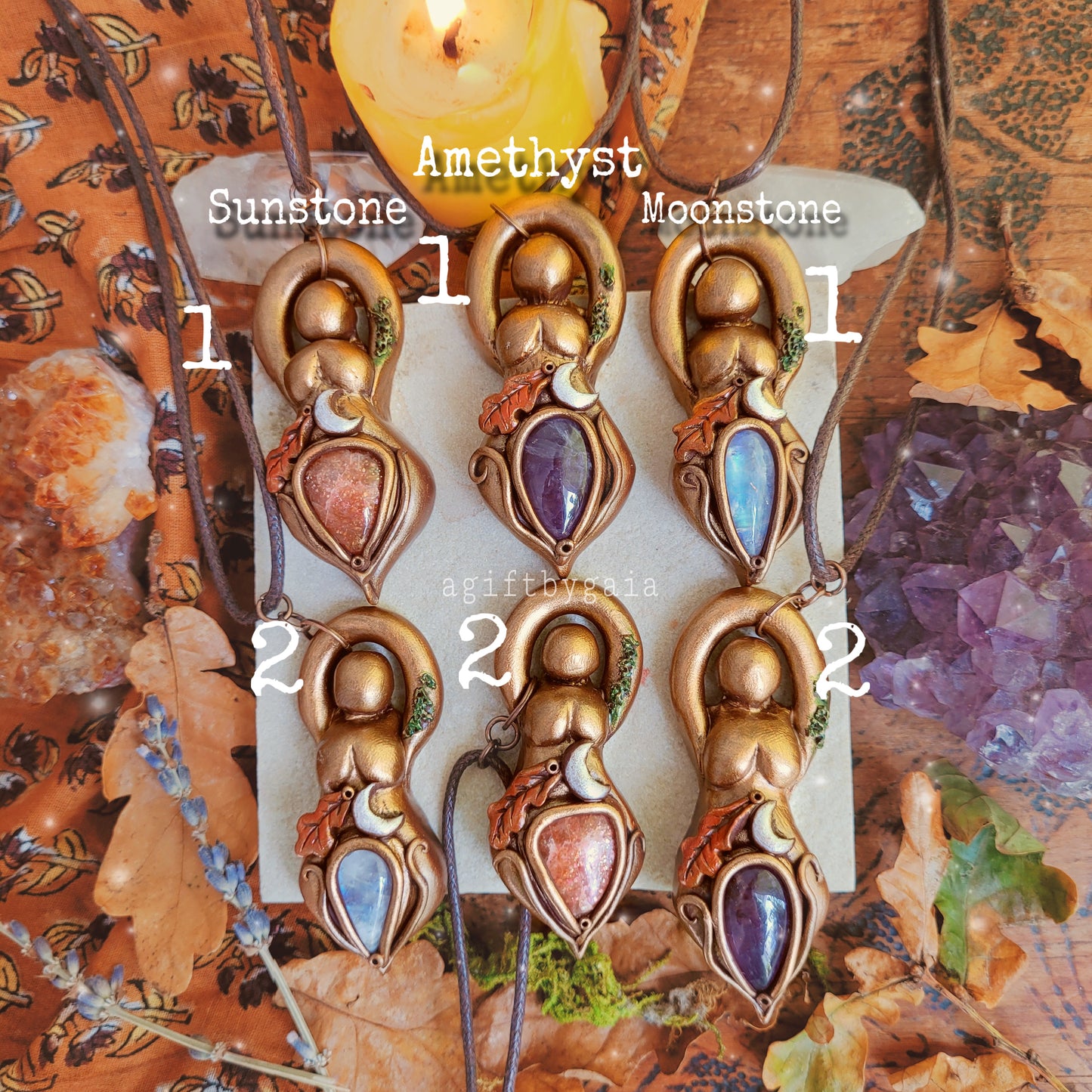 Oak Leaf & Moon Goddess Talismans ~ Moonstone, Sunstone or Amethyst