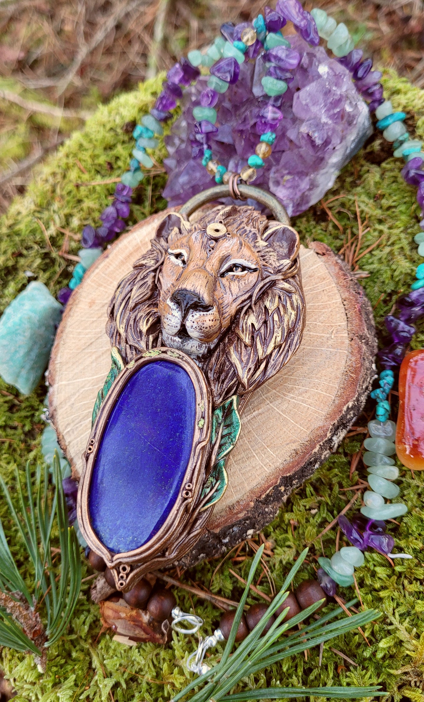 Brave Lion Sage Crystal Beaded Talisman ~ Lapis Lazuli, Turquoise, Citrine, Amethyst & Green Aventurine