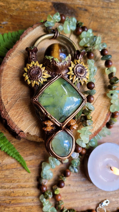 Sacred Sunflower Crystal Beaded Talisman ~ Prehnite, Jade, Tigers Eye, Unakite & Sandalwood