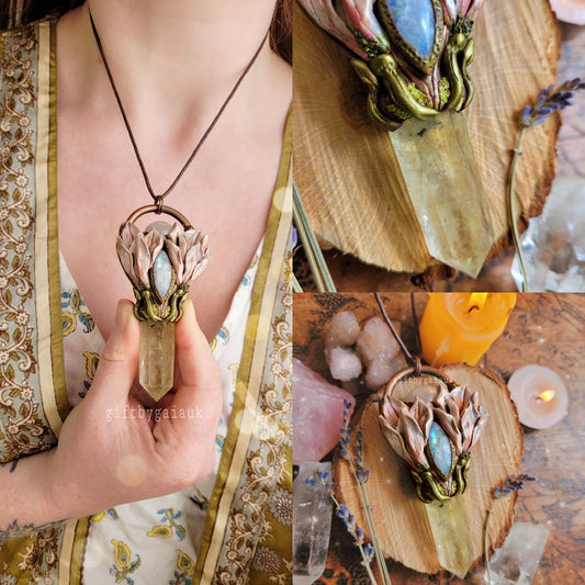 Sacred Magnolia Talisman ~ Lemon Quartz, Rainbow Moonstone & Aura Rose Quartz