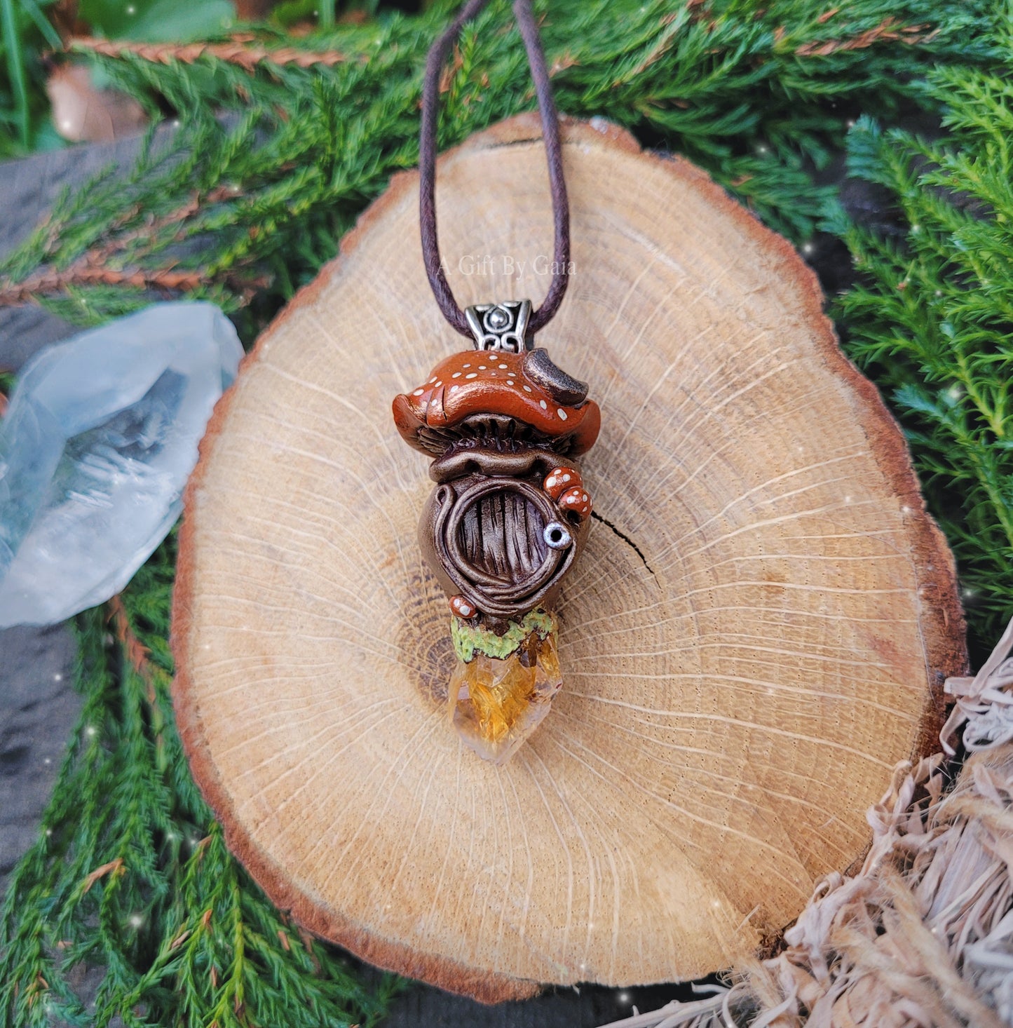 Crystal Moon Mushroom Faery House Pendant ~ Citrine