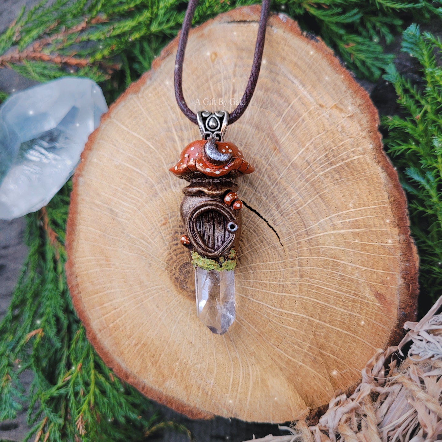 Crystal Moon Mushroom Faery House Pendant ~ Quartz