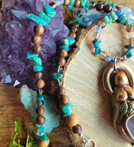 Goddess Beaded Talisman ~ Rainbow Moonstone, Turquoise, Amazonite, Blue Aventurine, Smokey Quartz & Sandalwood