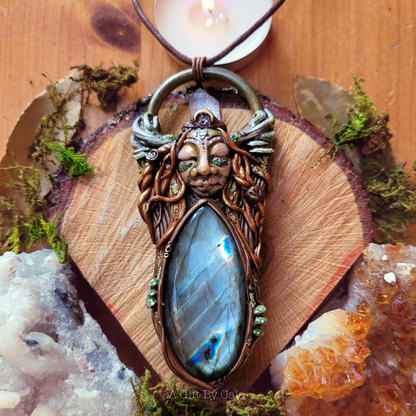 Elen of the Ways Antlered Goddess Wearable Sculpture Talisman ~ Silver Labradorite & Quartz