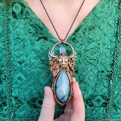 Elen of the Ways Antlered Goddess Wearable Sculpture Talisman ~ Silver Labradorite & Quartz