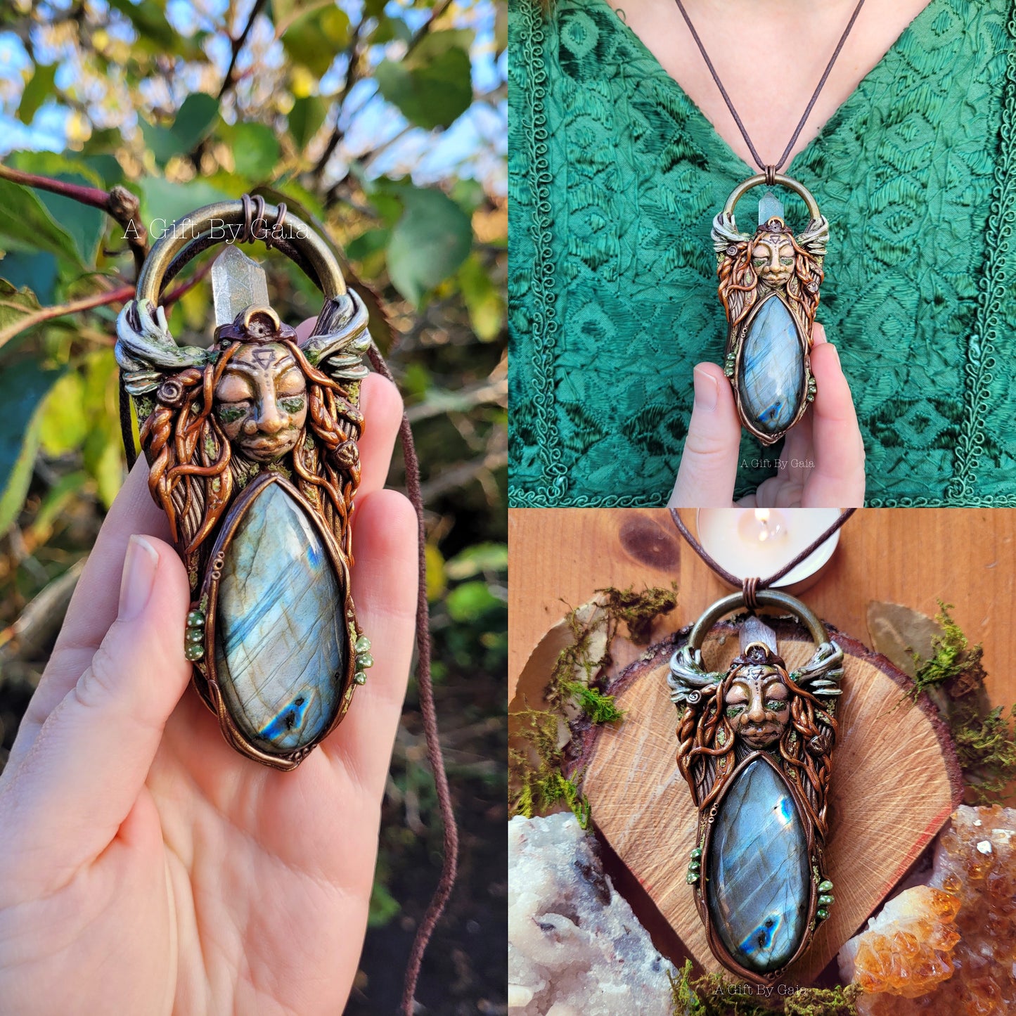 Elen of the Ways Antlered Goddess Wearable Sculpture Talisman ~ Silver Labradorite & Quartz