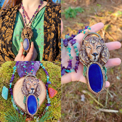 Brave Lion Sage Crystal Beaded Talisman ~ Lapis Lazuli, Turquoise, Citrine, Amethyst & Green Aventurine