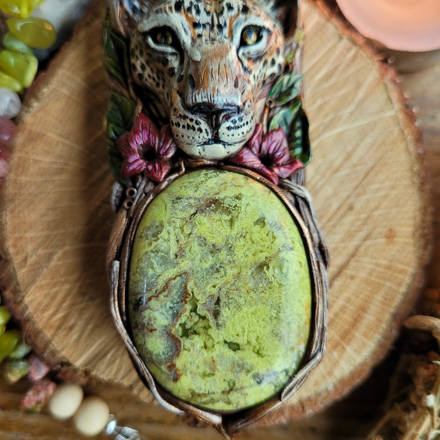 Inner Strength Leopard, Desert Rose Crystal Beaded Talisman ~ Green Opal, Strawberry Quartz, Rose Quartz, Korean Jade, Unakite & Rainbow Moonstone