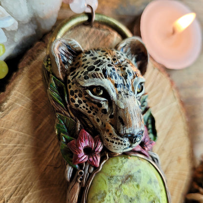 Inner Strength Leopard, Desert Rose Crystal Beaded Talisman ~ Green Opal, Strawberry Quartz, Rose Quartz, Korean Jade, Unakite & Rainbow Moonstone