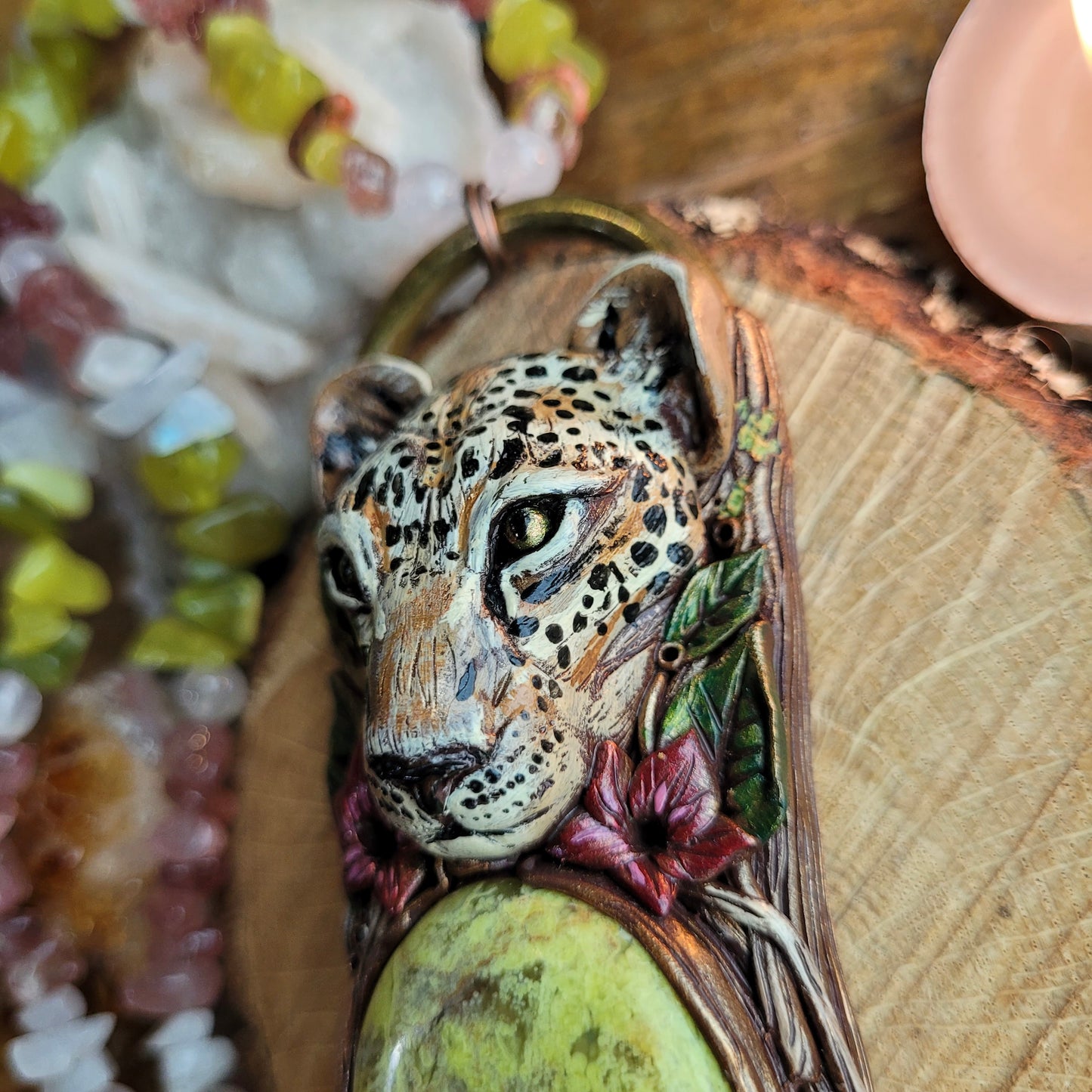 Inner Strength Leopard, Desert Rose Crystal Beaded Talisman ~ Green Opal, Strawberry Quartz, Rose Quartz, Korean Jade, Unakite & Rainbow Moonstone