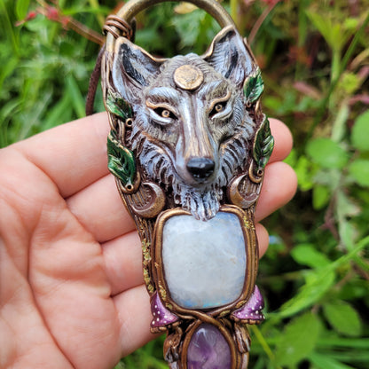 Lunar Wolf Talisman ~ Rainbow Moonstone & Purple Amethyst