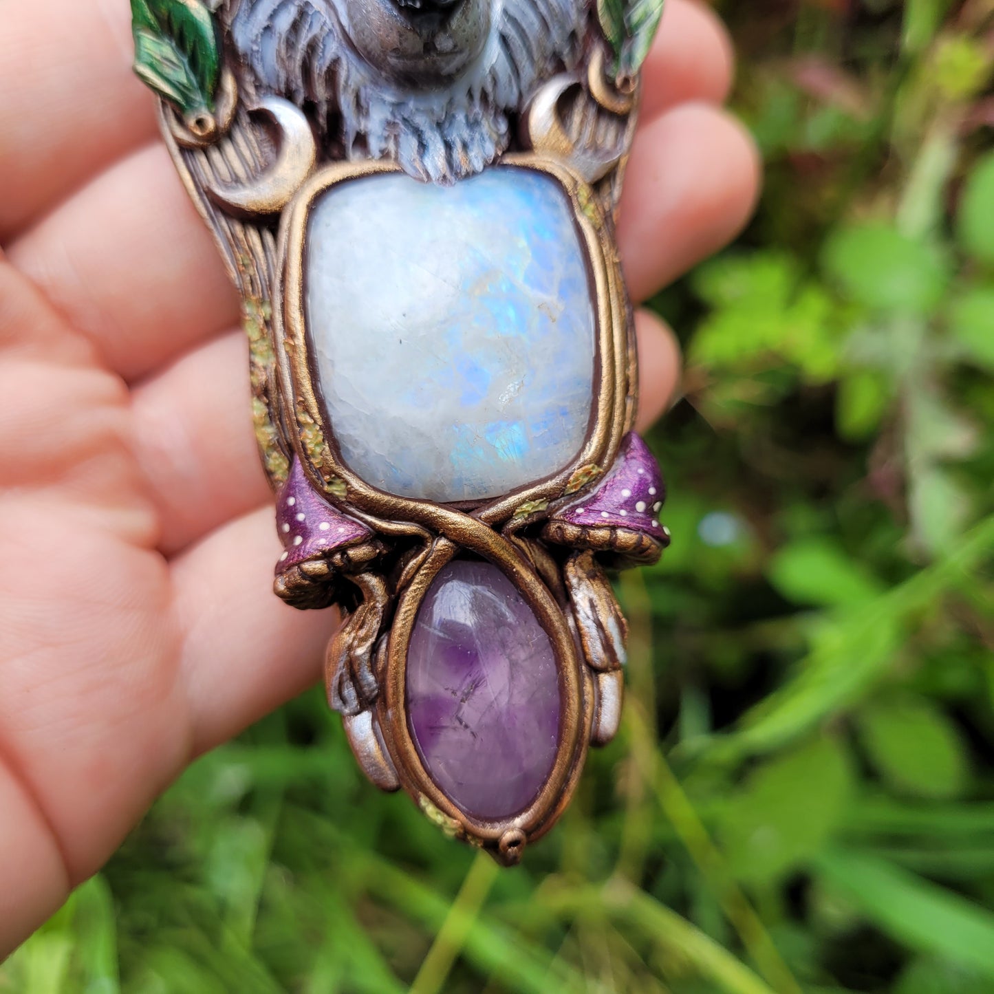 Lunar Wolf Talisman ~ Rainbow Moonstone & Purple Amethyst