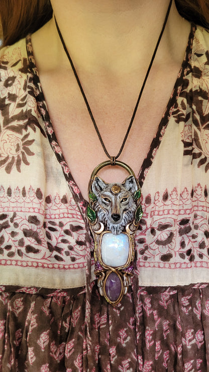 Lunar Wolf Talisman ~ Rainbow Moonstone & Purple Amethyst