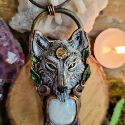 Lunar Wolf Talisman ~ Rainbow Moonstone & Purple Amethyst