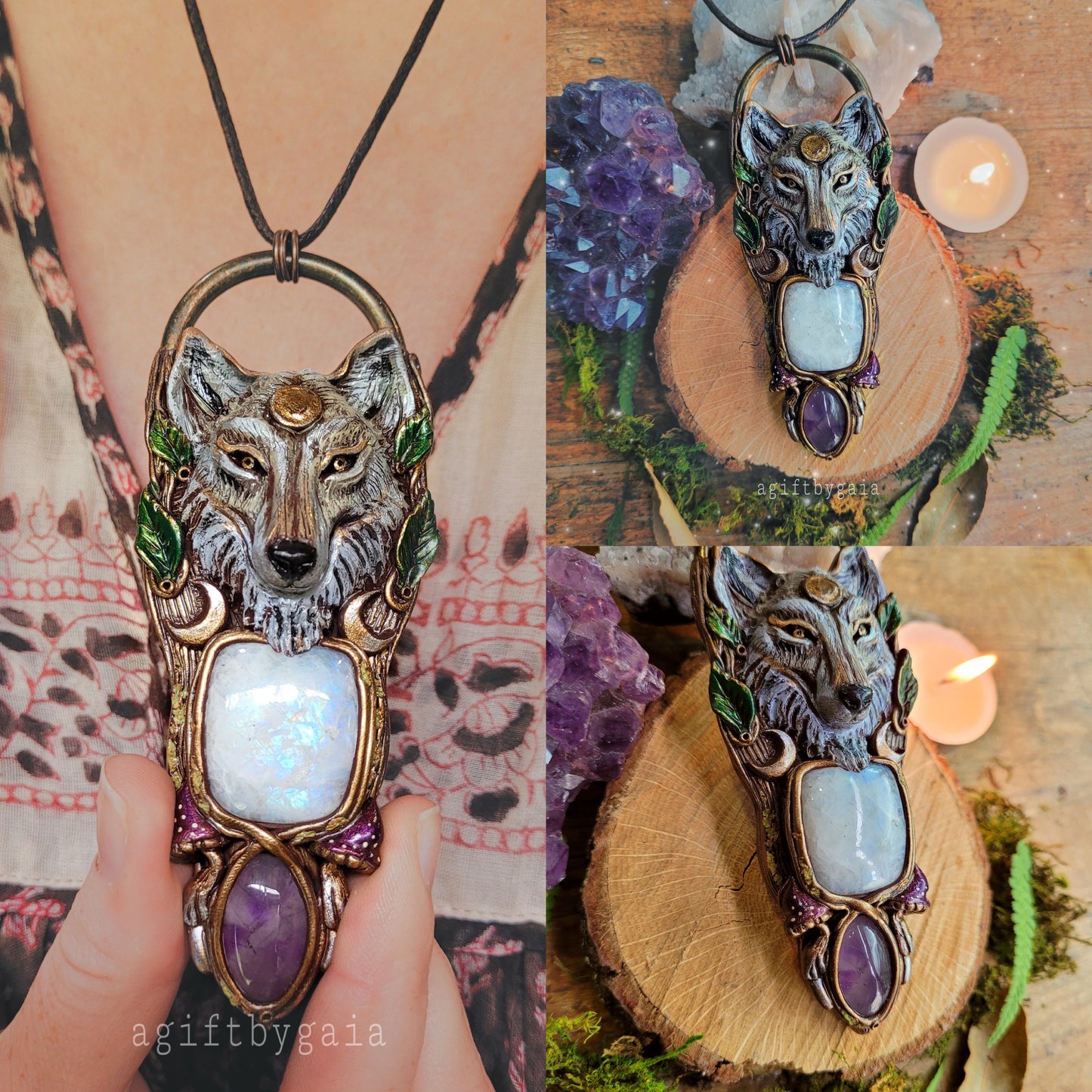 Lunar Wolf Talisman ~ Rainbow Moonstone & Purple Amethyst