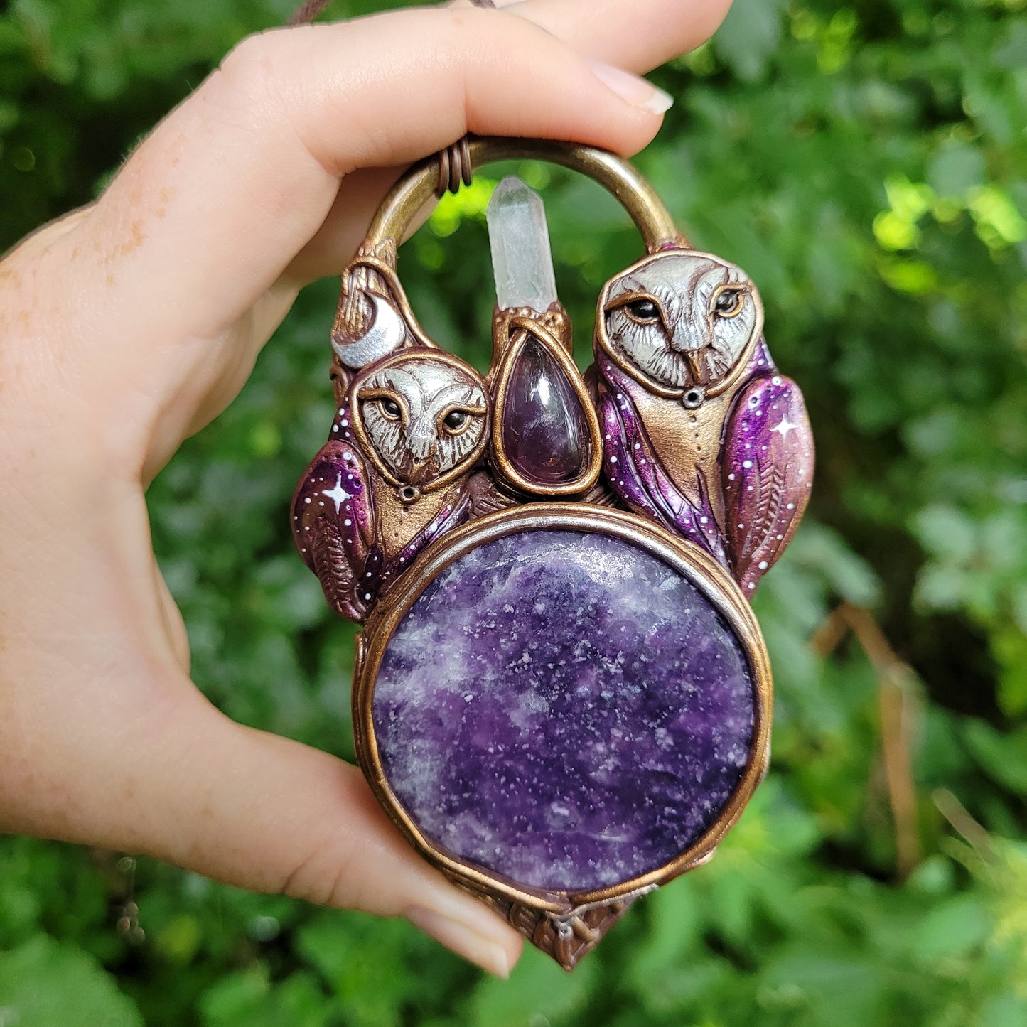 Cosmic Owl Spirit Guides Talisman ~ Lepidolite, Amethyst & Quartz