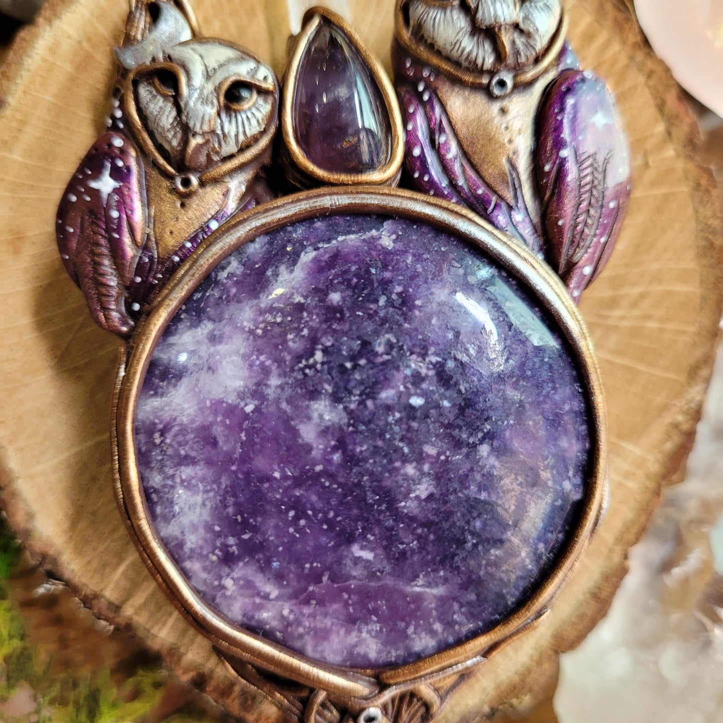 Cosmic Owl Spirit Guides Talisman ~ Lepidolite, Amethyst & Quartz