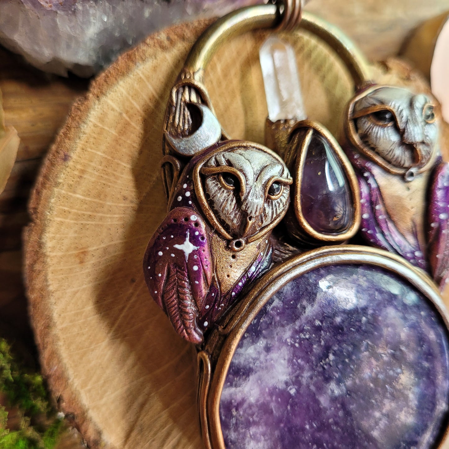 Cosmic Owl Spirit Guides Talisman ~ Lepidolite, Amethyst & Quartz