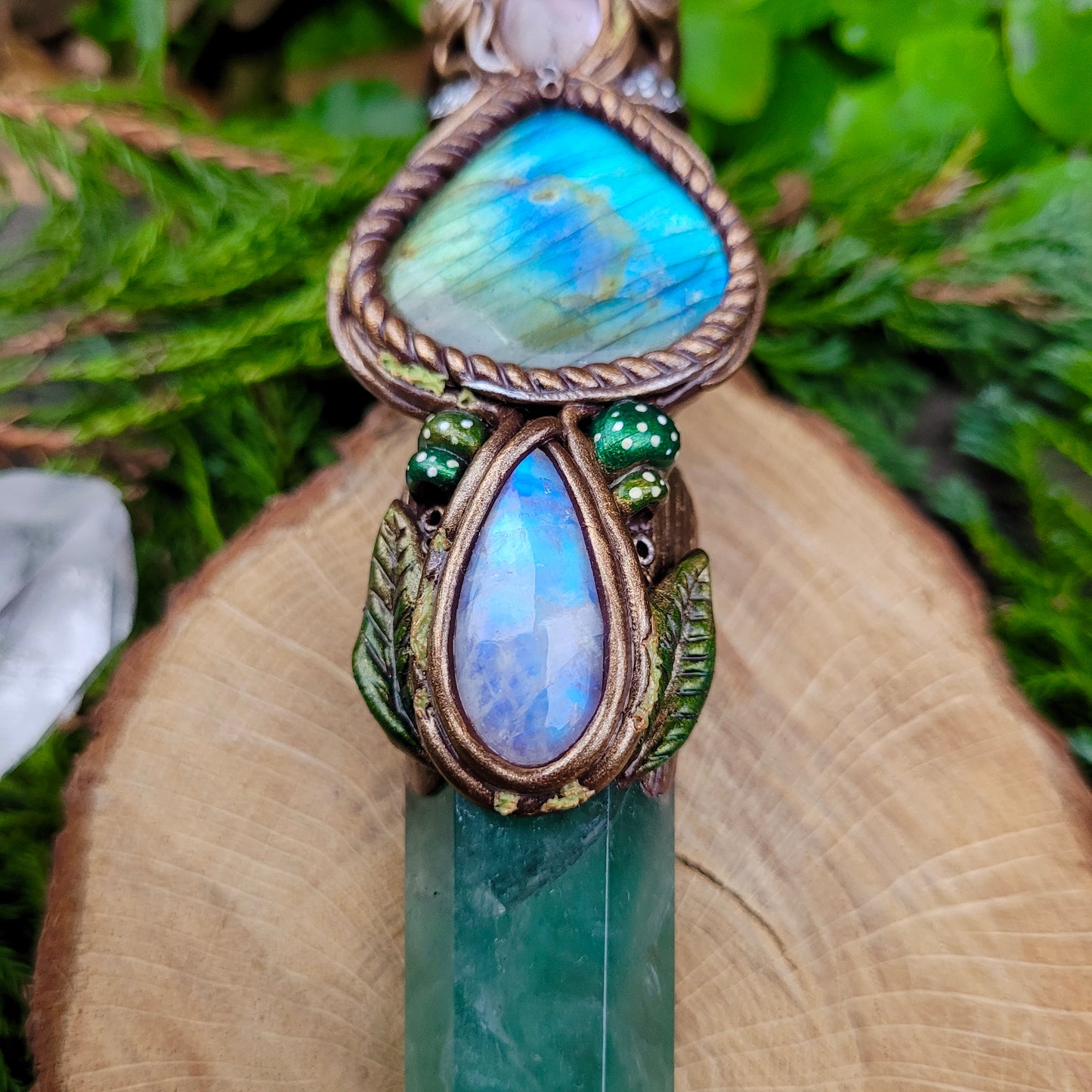 Magickal Crystal Wand ~ Fluorite, Rainbow Moonstone, Labradorite, Amethyst & Aura Rose Quartz