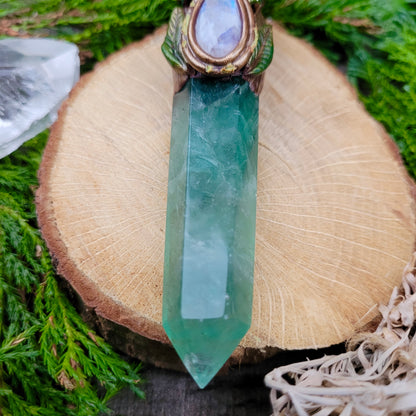 Magickal Crystal Wand ~ Fluorite, Rainbow Moonstone, Labradorite, Amethyst & Aura Rose Quartz