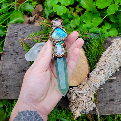 Magickal Crystal Wand ~ Fluorite, Rainbow Moonstone, Labradorite, Amethyst & Aura Rose Quartz