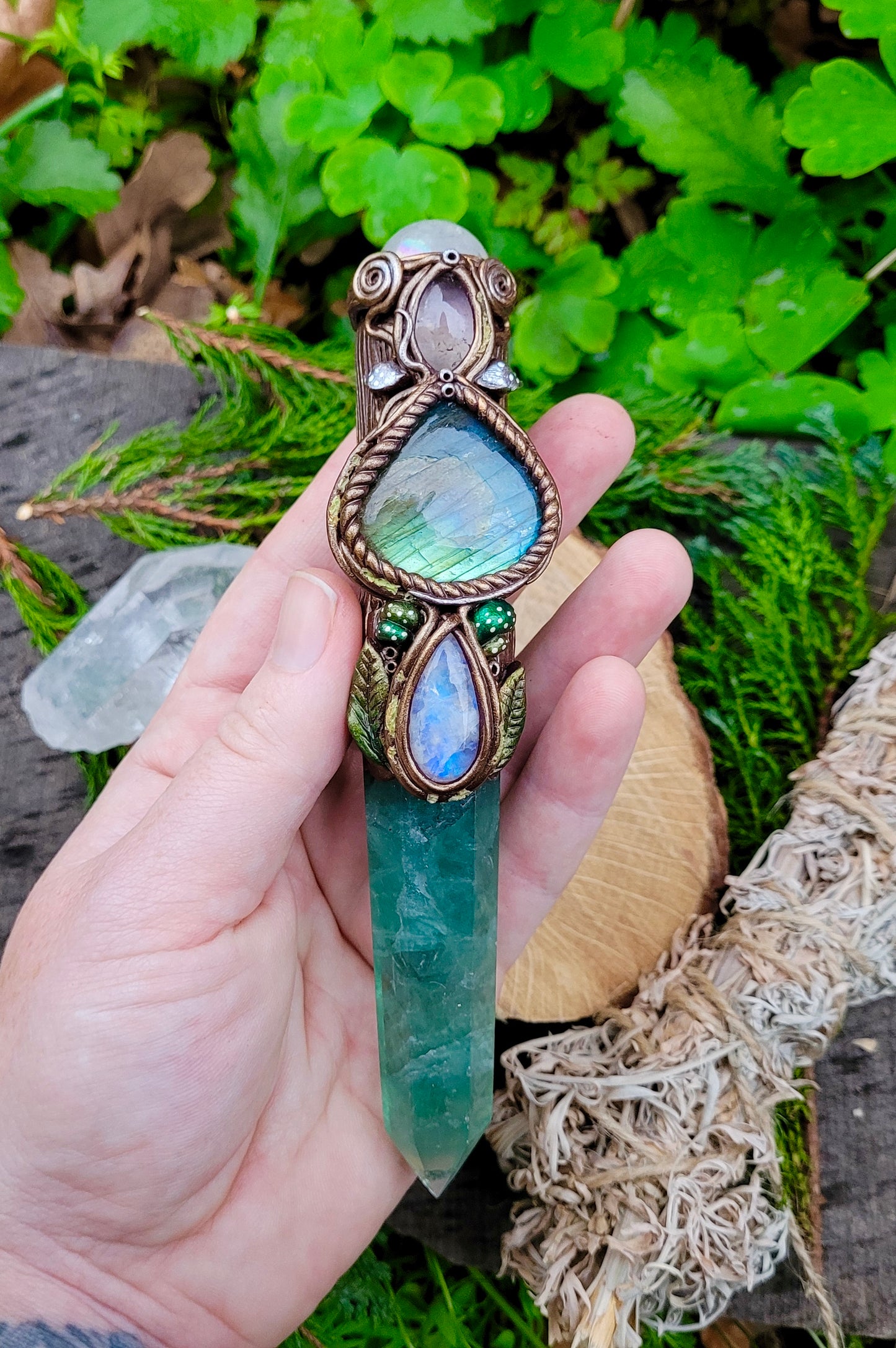 Magickal Crystal Wand ~ Fluorite, Rainbow Moonstone, Labradorite, Amethyst & Aura Rose Quartz