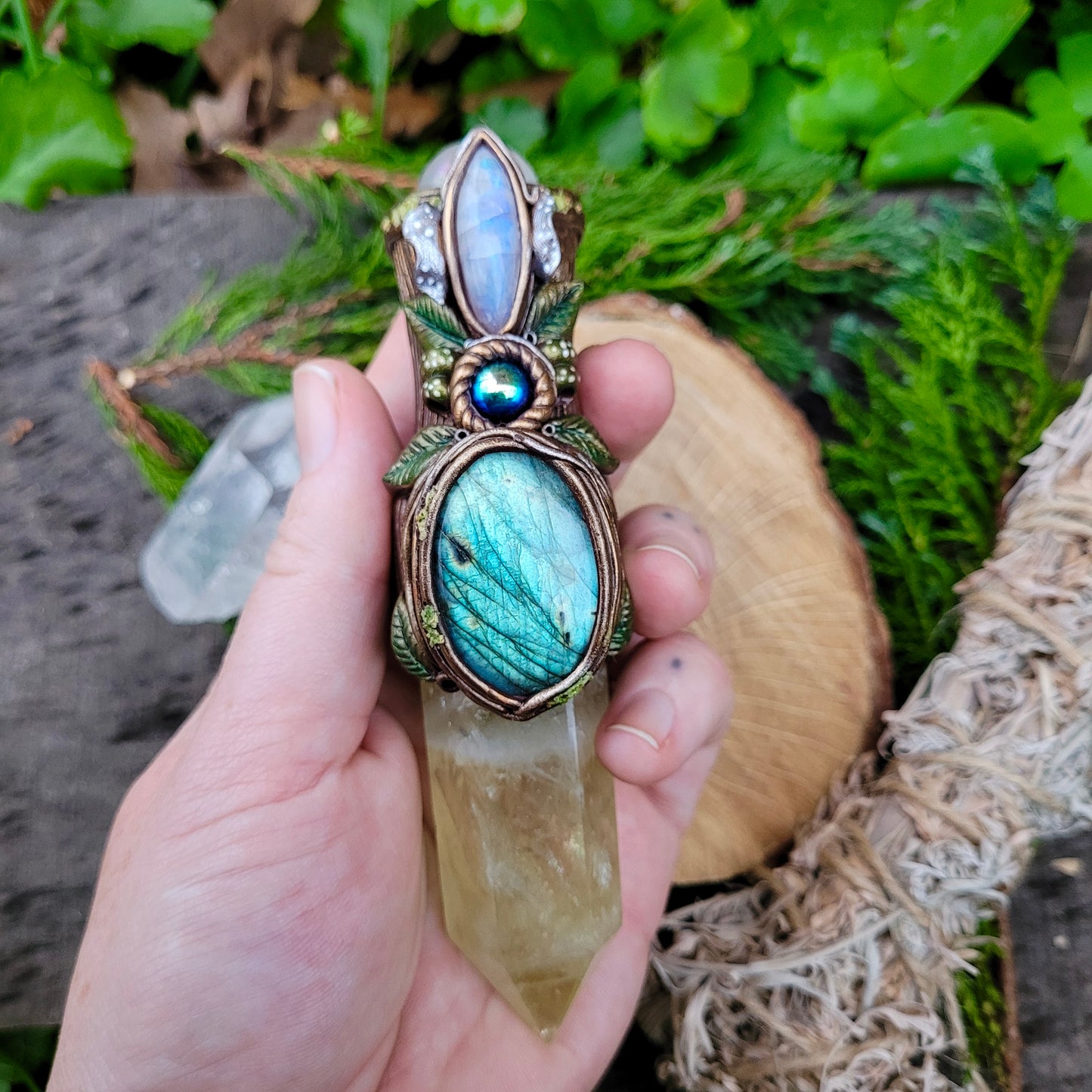 Magickal Crystal Wand ~ Lemon Quartz, Labradorite, Rainbow Moonstone, Rose Aura Quartz