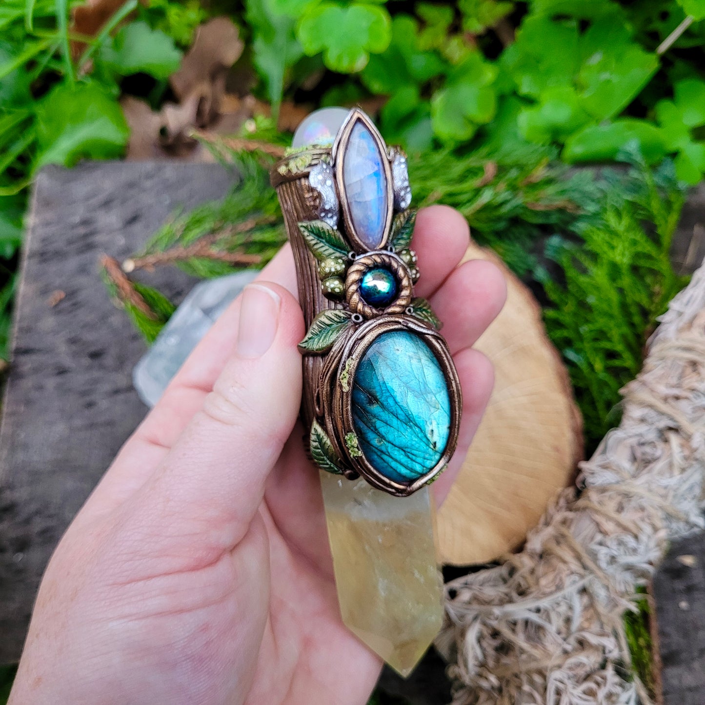 Magickal Crystal Wand ~ Lemon Quartz, Labradorite, Rainbow Moonstone, Rose Aura Quartz