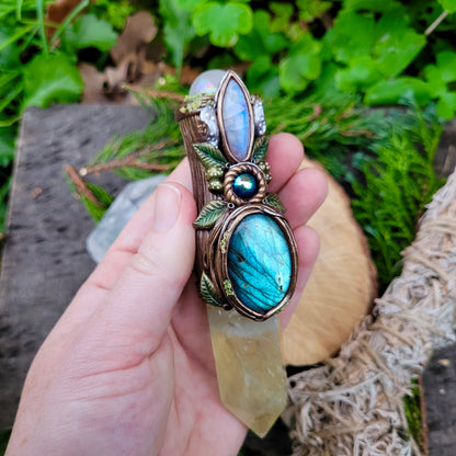 Magickal Crystal Wand ~ Lemon Quartz, Labradorite, Rainbow Moonstone, Rose Aura Quartz