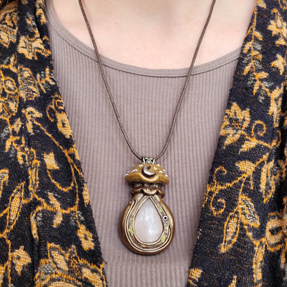 Large Crystal Moon Mushroom Faery House Pendant ~ Rose Quartz