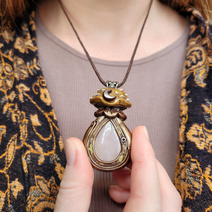 Large Crystal Moon Mushroom Faery House Pendant ~ Rose Quartz