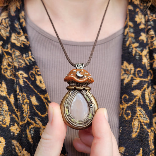 Large Crystal Moon Mushroom Faery House Pendant ~ Rose Quartz