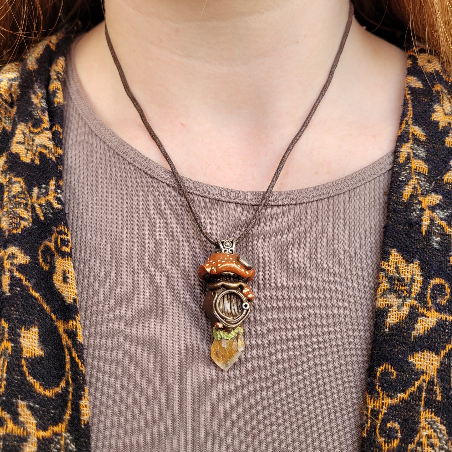 Crystal Moon Mushroom Faery House Pendant ~ Citrine