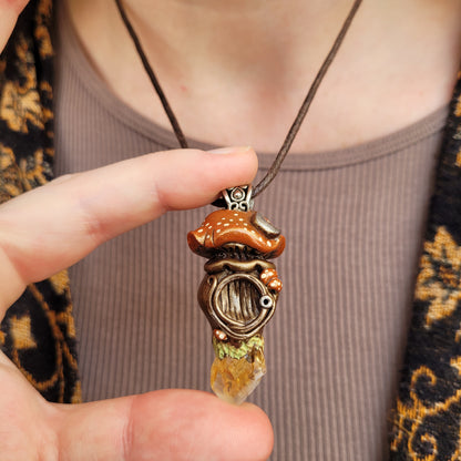 Crystal Moon Mushroom Faery House Pendant ~ Citrine