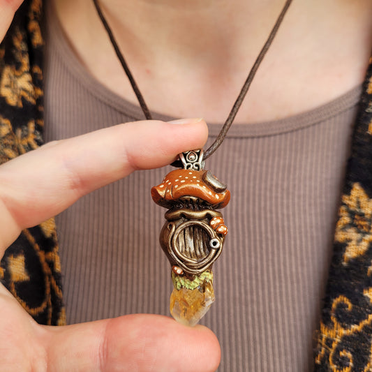 Crystal Moon Mushroom Faery House Pendant ~ Citrine