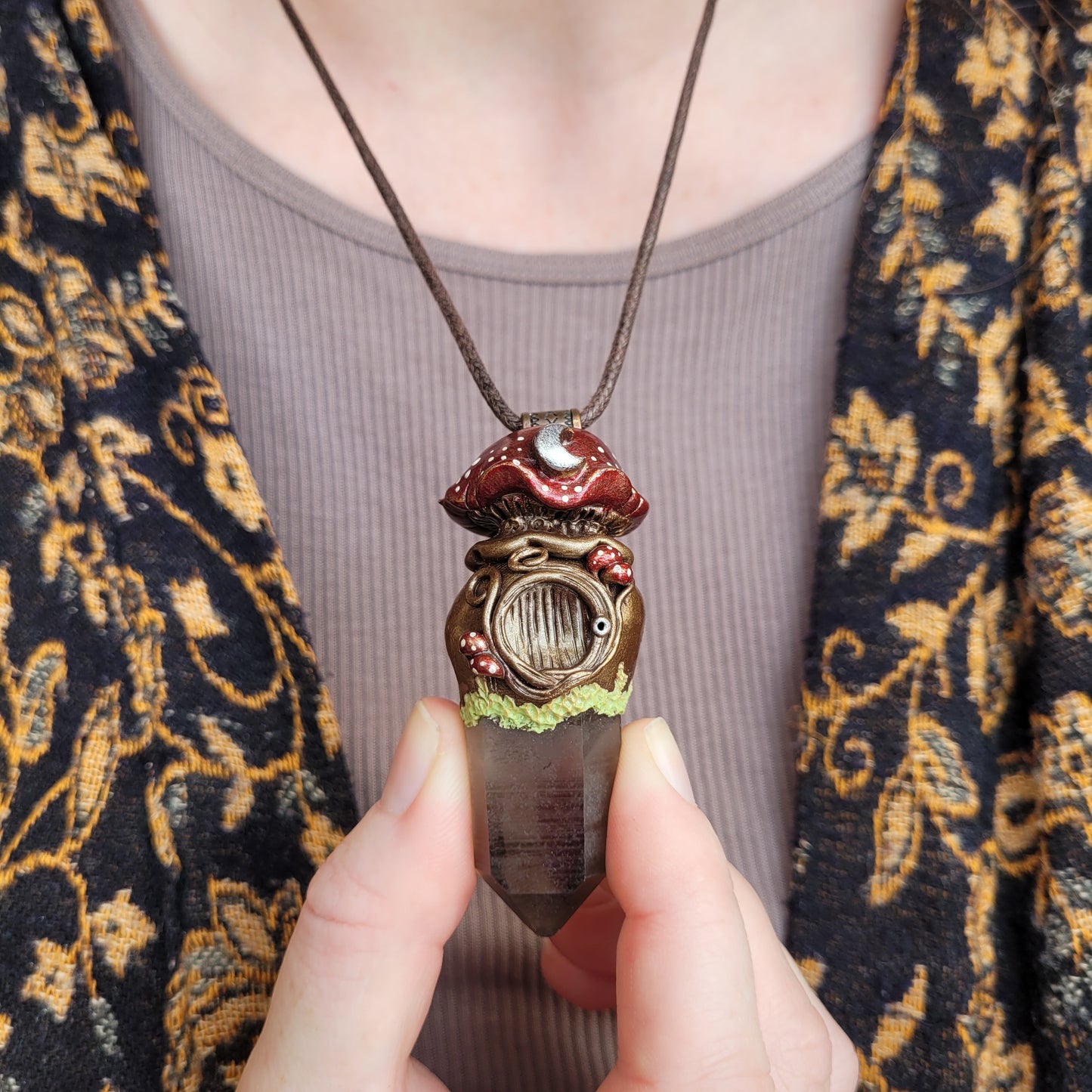 Large Crystal Moon Mushroom Faery House Pendant ~ Smokey Quartz