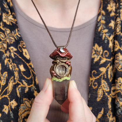Large Crystal Moon Mushroom Faery House Pendant ~ Smokey Quartz