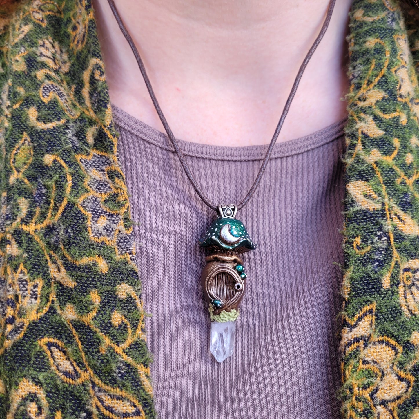 Crystal Moon Mushroom Faery House Pendant ~ Quartz